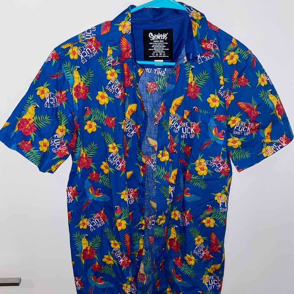Blue Tropical Men’s Funny Short Sleeve Button Up
